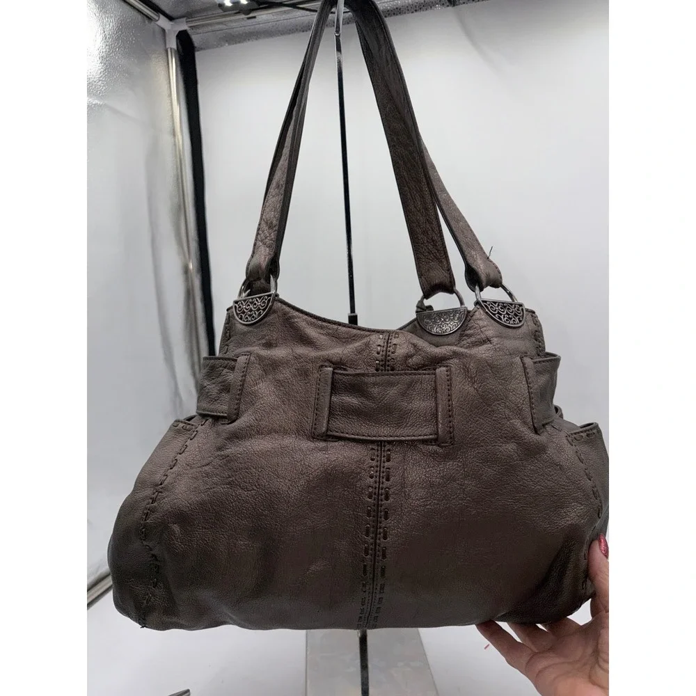 Brighton Metallic Pewter Leather Bow Hobo Shoulder Bag Silver Heart A301748 - Picture 7 of 12